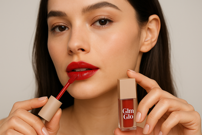 Women using lip tint which has brand name "Glm Glo"  